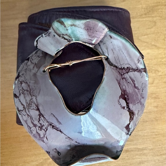 1980s Chocolate Brown Leather Belt w/ Artistic Metal Slider Buckle - Picture 3 of 5